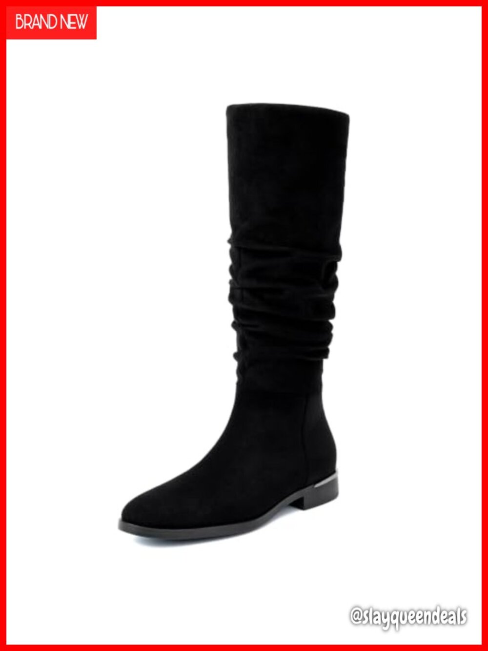 Faux Suede Ruched Slouchy Knee High Flat Boots Round Toe Side Zip Womens